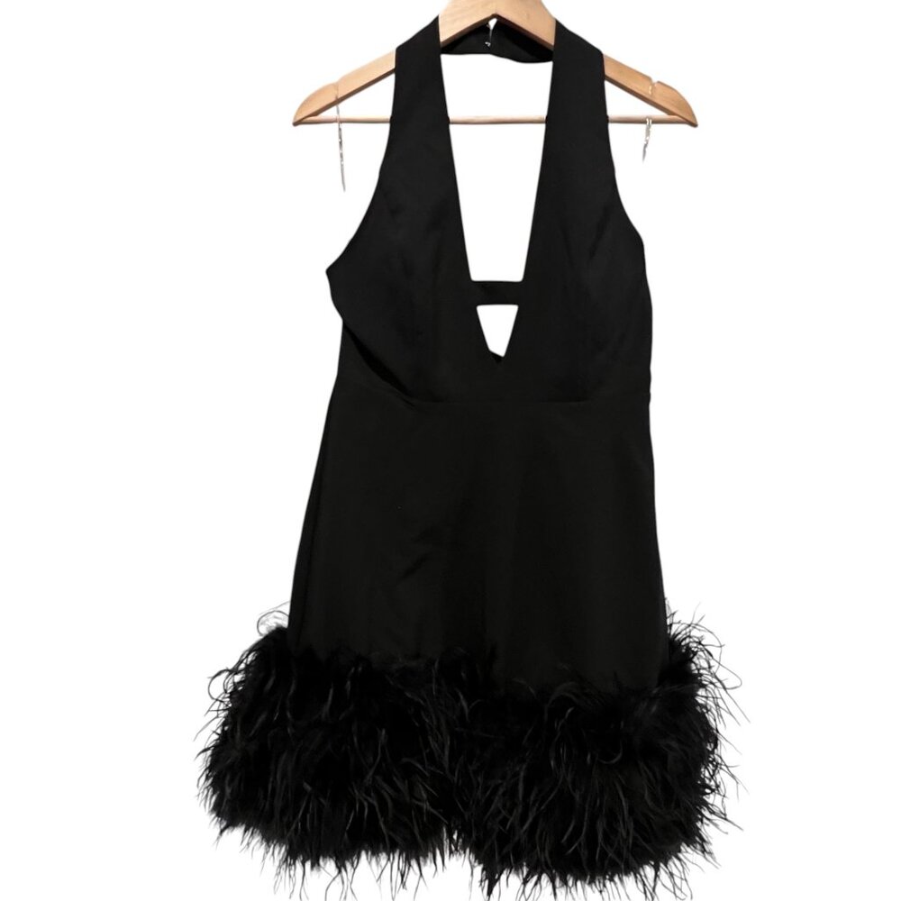 Akira Noel Halter Deep V Feather Trim Mini Dress, Black, XL - Picture 11 of 13